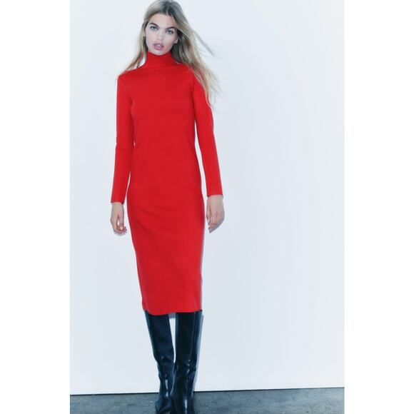 ZARA Mock High Neck Knit Midi Dress Red {YY42} - Picture 5 of 12